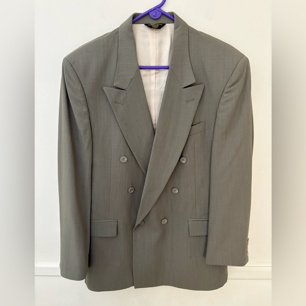 Cellini  Mens 42 L Olive Green Wool Blend Double Breasted Suit Jacket